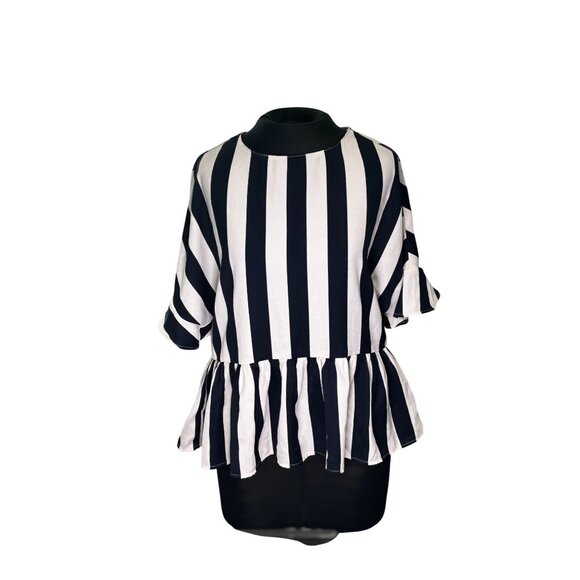Blue & White Striped Ruffle Hem Peplum Blouse By Black Tape Womens Size S - Picture 1 of 10